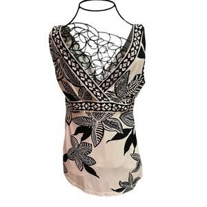 Cache Retro Y2K Black White Floral Greek Vibe Geometric Accent Tank Top Sz S